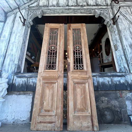 Antique Solid Wood Double Doors with Wrought Iron Grilles