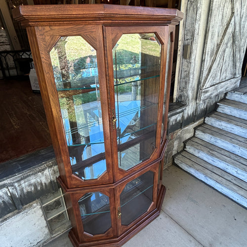 Vintage Oak Curio Display Cabinet with Octagonal Beveled Glass
