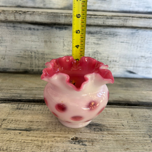 Vintage Cranberry Opalescent Coin Dot Ruffled Rose Bowl