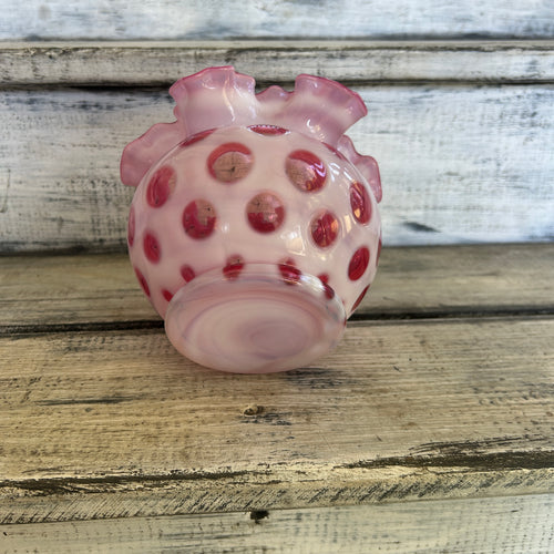 Vintage Cranberry Opalescent Coin Dot Ruffled Rose Bowl