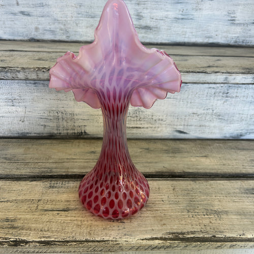 Vintage Cranberry Opalescent Fine Dot Optic Jack-in-the-Pulpit Vase