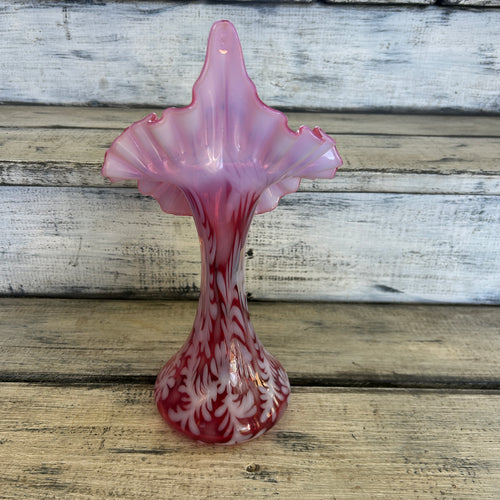 Vintage Fenton-Style Cranberry Opalescent Daisy & Fern Jack-in-the-Pulpit Vase