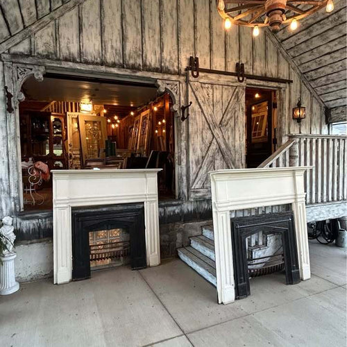 Pair of Antique Fireplace Mantels with Cast Iron Inserts and ￼Cast Iron Fire Baskets