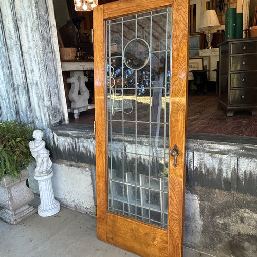 32” Antique Full View Leaded Glass Door with Beveled Glass Circle Motif