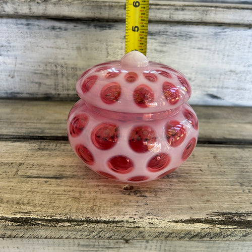 Vintage Cranberry Opalescent Coin Dot Covered Powder Jar