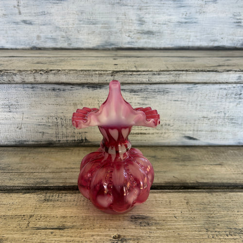 Vintage Cranberry Opalescent Beaded Melon Jack-in-the-Pulpit Vase