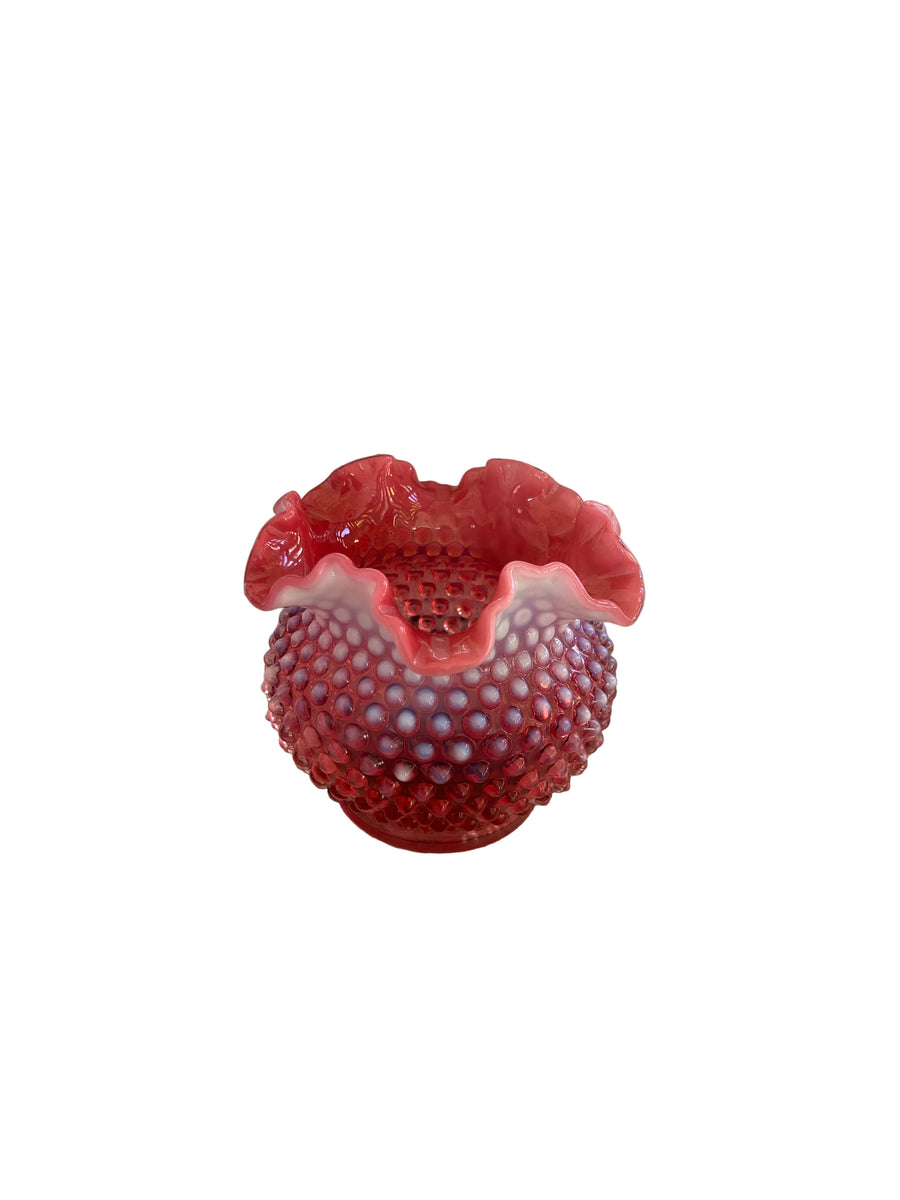 Vintage Fenton-Style Cranberry Opalescent Hobnail Rose Bowl