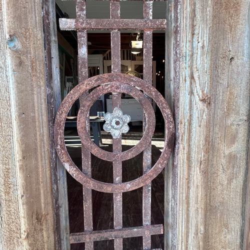 Antique Solid Wood Double Doors with Wrought Iron Grilles