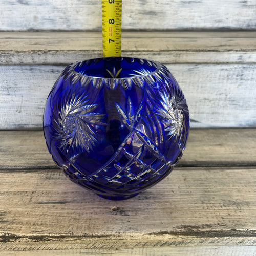 Vintage Cobalt Blue Cut-to-Clear Glass Rose Bowl