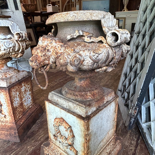 Antique Cast Iron Lion Head Garden Urns w/ Pedestals