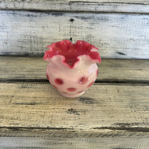 Vintage Cranberry Opalescent Coin Dot Ruffled Rose Bowl