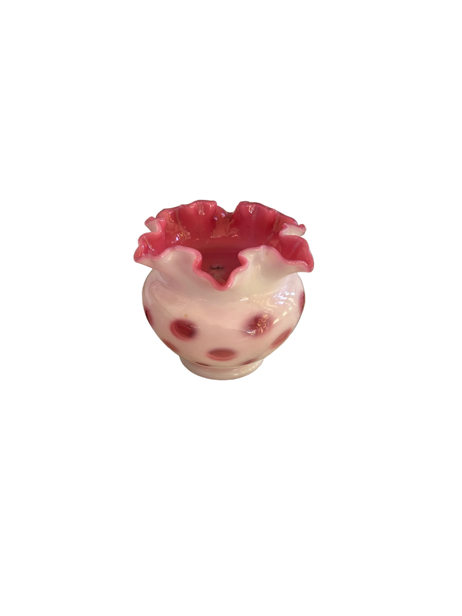 Vintage Cranberry Opalescent Coin Dot Ruffled Rose Bowl