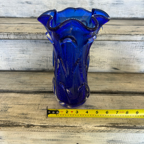 Vintage Cobalt Blue Bubble Art Glass Ruffled Vase