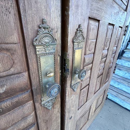 Antique Arched Solid Wood Double Entry Doors with Carved Fan Detail