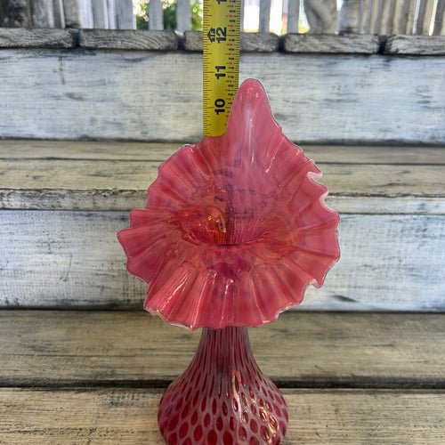 Vintage Cranberry Opalescent Fine Dot Optic Jack-in-the-Pulpit Vase