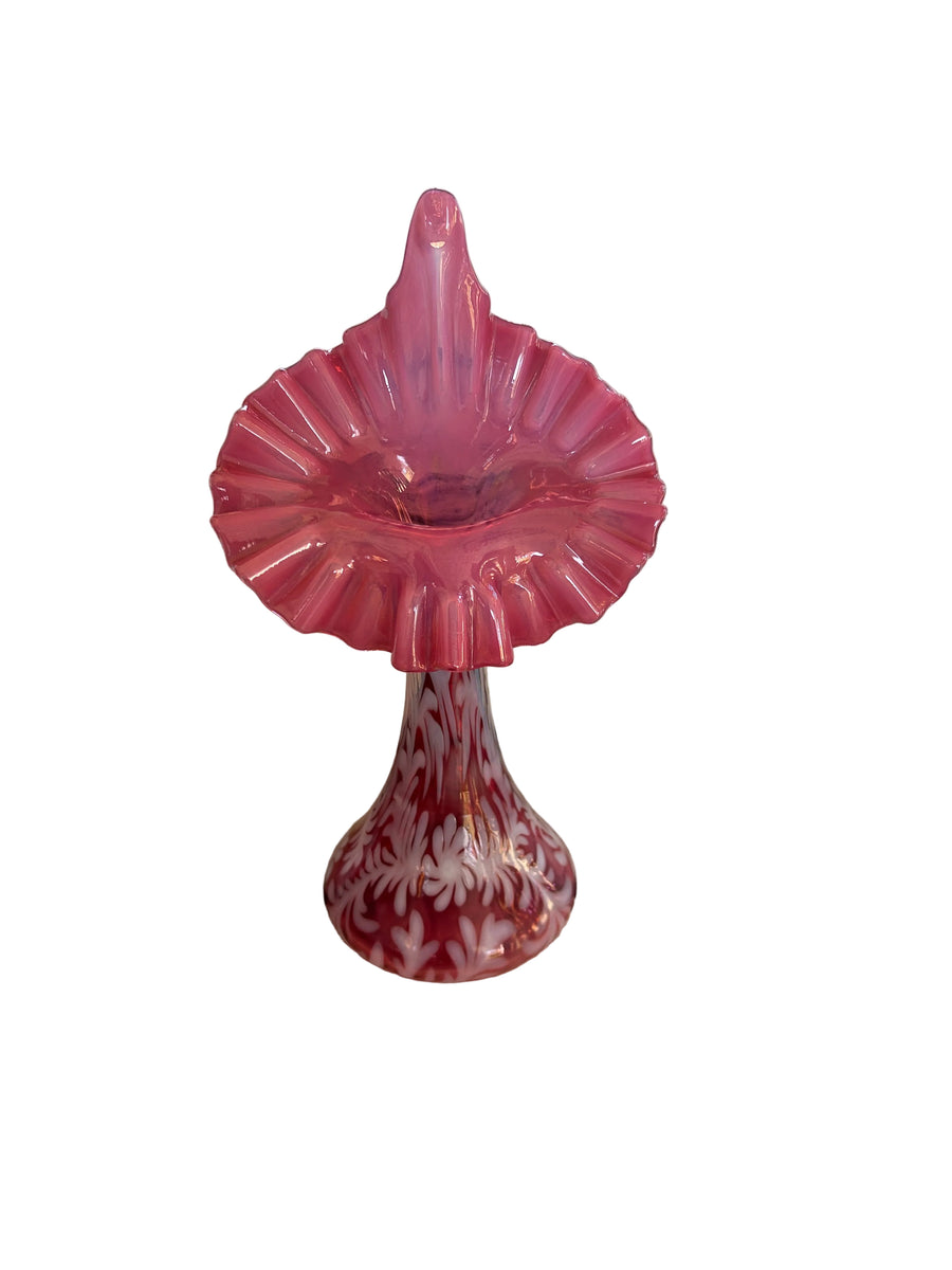 Vintage Fenton-Style Cranberry Opalescent Daisy & Fern Jack-in-the-Pulpit Vase