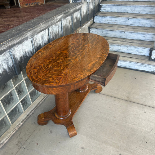 Antique Tiger Oak Veneer Library Table