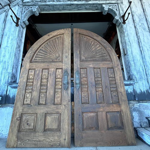 Antique Arched Solid Wood Double Entry Doors with Carved Fan Detail