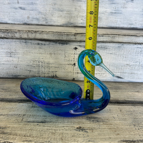 Vintage Blue & Aqua Art Glass Swan Trinket Dish
