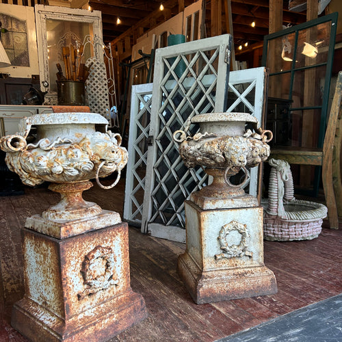 Antique Cast Iron Lion Head Garden Urns w/ Pedestals