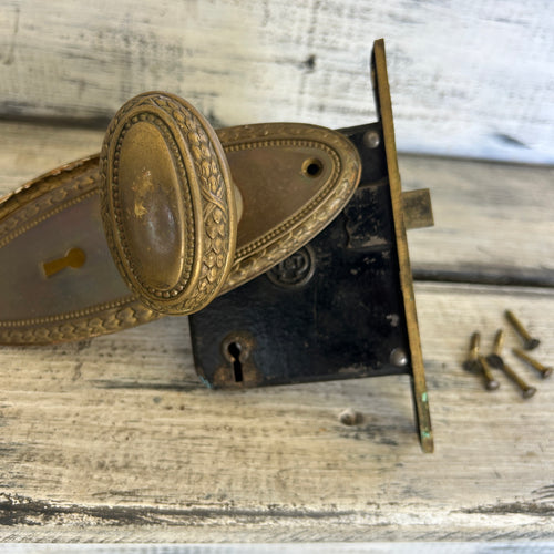 Antique Ornate Brass-Tone Door Knob & Mortise Lock Set