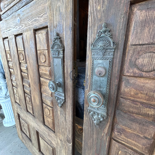 Antique Arched Solid Wood Double Entry Doors with Carved Fan Detail
