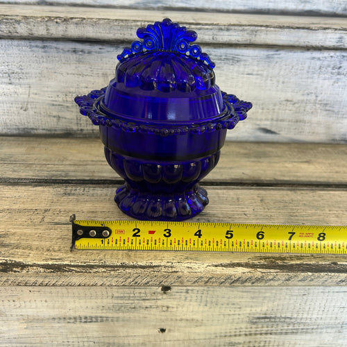 Vintage Cobalt Blue Pressed Glass Covered Candy Dish
