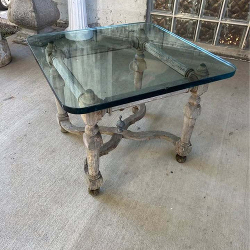 Vintage Weathered Glass Top Wood Accent Table