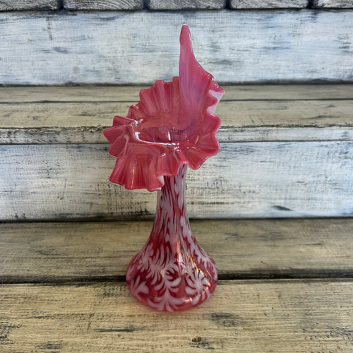 Vintage Fenton-Style Cranberry Opalescent Daisy & Fern Jack-in-the-Pulpit Vase