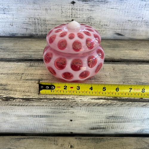Vintage Cranberry Opalescent Coin Dot Covered Powder Jar