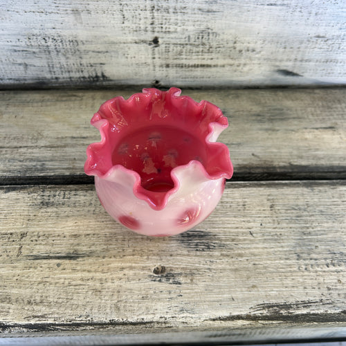 Vintage Cranberry Opalescent Coin Dot Ruffled Rose Bowl