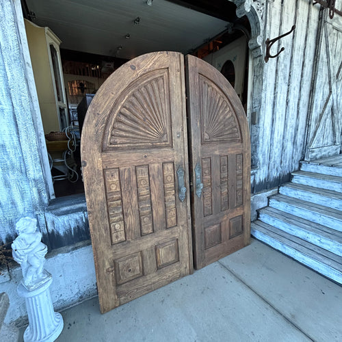 Antique Arched Solid Wood Double Entry Doors with Carved Fan Detail