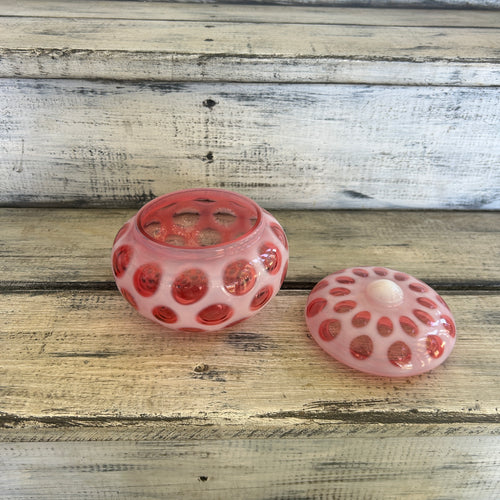 Vintage Cranberry Opalescent Coin Dot Covered Powder Jar