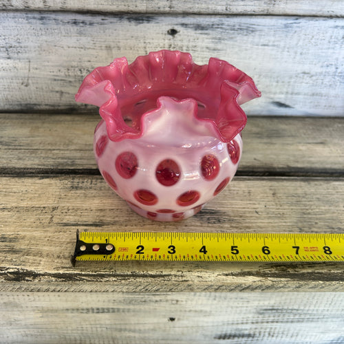 Vintage Cranberry Opalescent Coin Dot Ruffled Rose Bowl