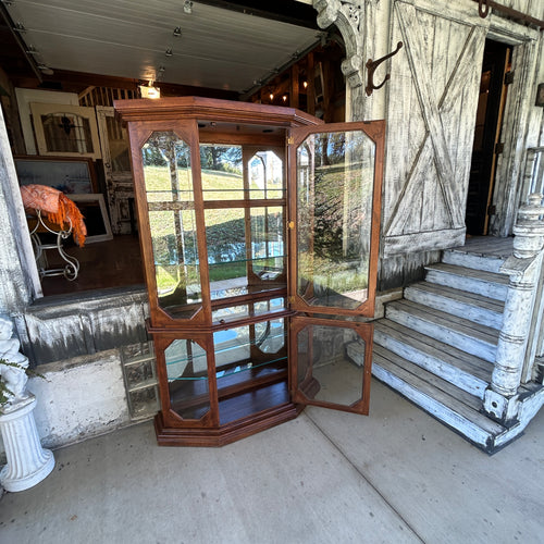 Vintage Oak Curio Display Cabinet with Octagonal Beveled Glass