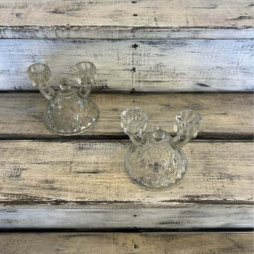Vintage Glass Double Candle Holders - Pair