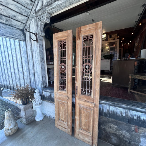 Antique Solid Wood Double Doors with Wrought Iron Grilles