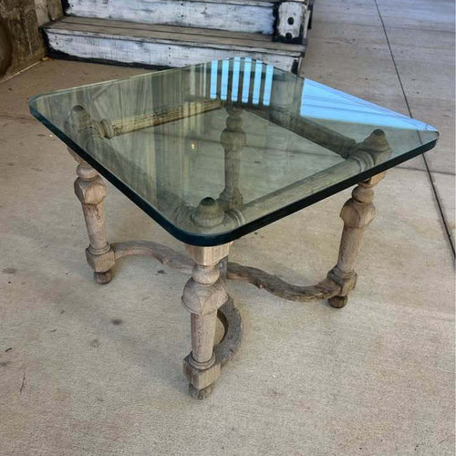 Vintage Weathered Glass Top Wood Accent Table