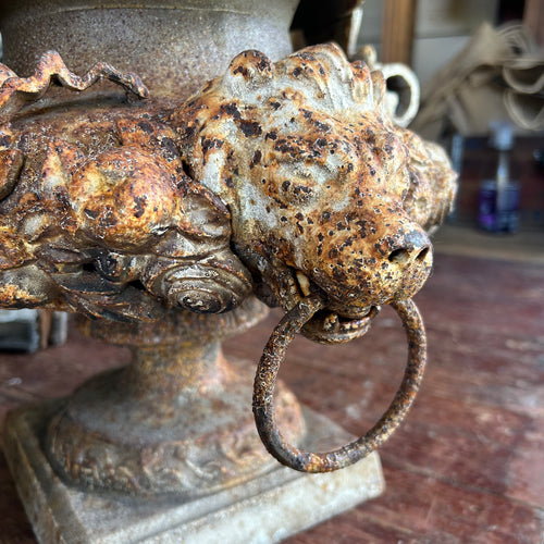 Antique Cast Iron Lion Head Garden Urns w/ Pedestals