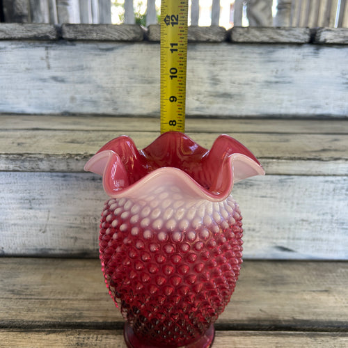 Vintage Fenton Cranberry Opalescent Hobnail Ruffled Vase
