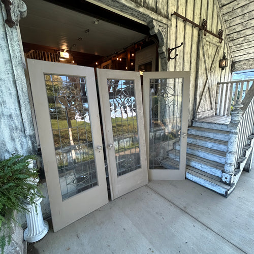 Antique Wood Doors with Leaded and Beveled Glass (Pair of 60” French Doors and a single 32” Door)