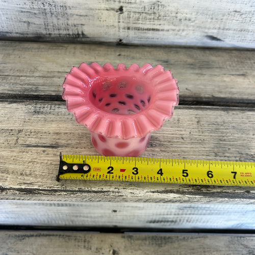 Vintage Pink Opalescent Coin-Spot Ruffled Top Hat Vase