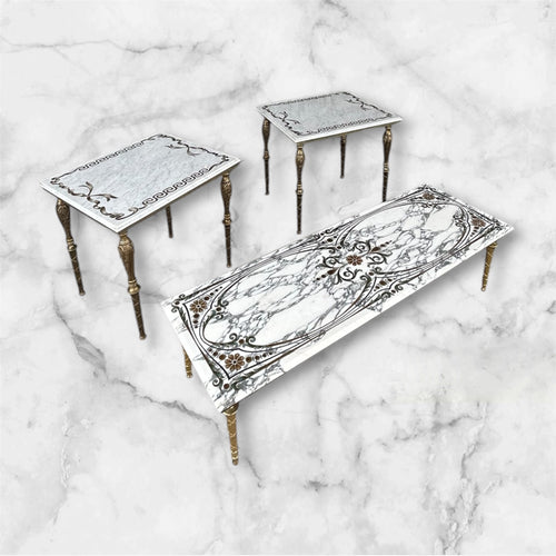 Neoclassical Style Marble+Brass Side Tables + Coffee Table