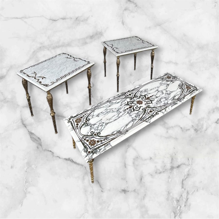 Neoclassical Style Marble+Brass Side Tables + Coffee Table