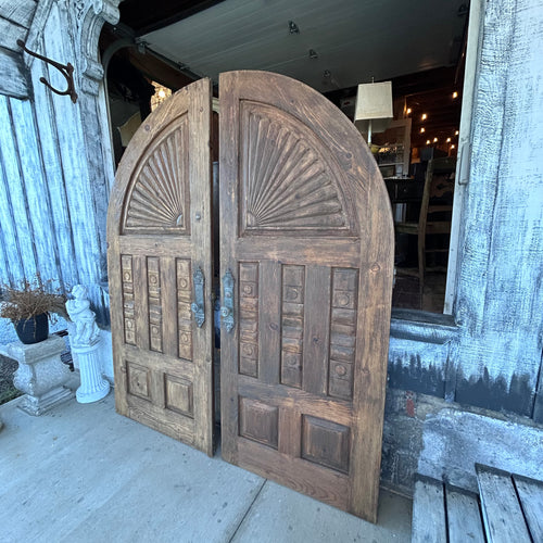 Antique Arched Solid Wood Double Entry Doors with Carved Fan Detail