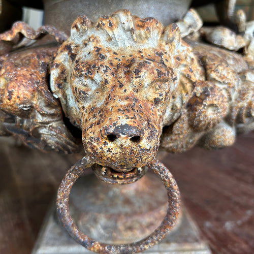 Antique Cast Iron Lion Head Garden Urns w/ Pedestals