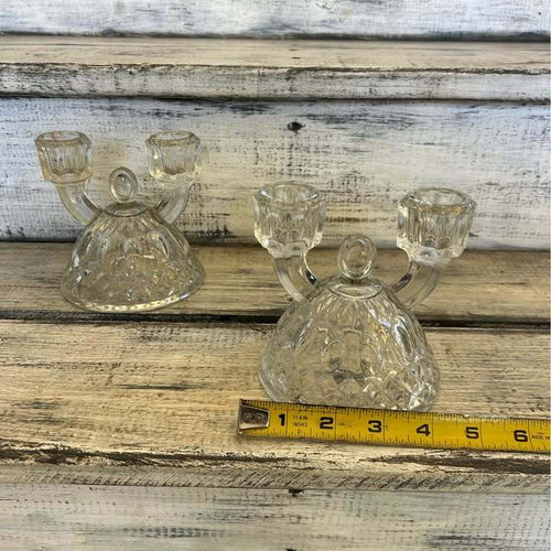Vintage Glass Double Candle Holders - Pair