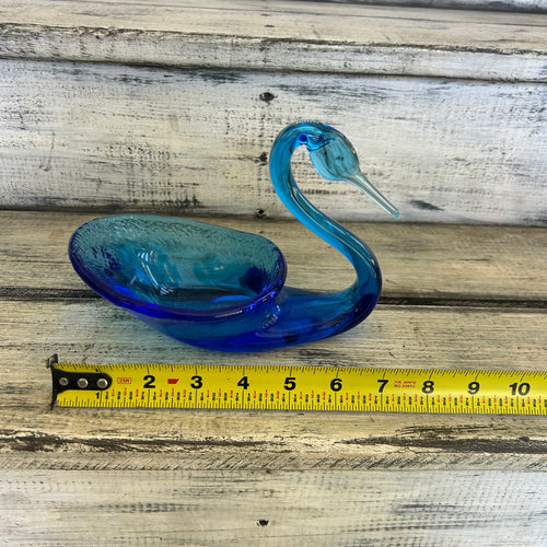 Vintage Blue & Aqua Art Glass Swan Trinket Dish