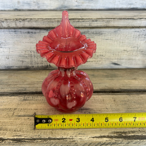 Vintage Cranberry Opalescent Beaded Melon Jack-in-the-Pulpit Vase