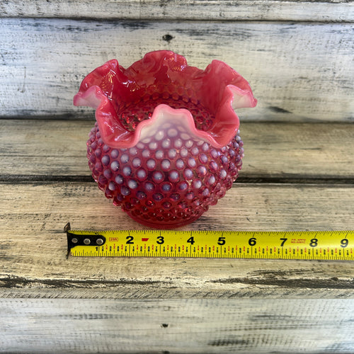Vintage Fenton-Style Cranberry Opalescent Hobnail Rose Bowl